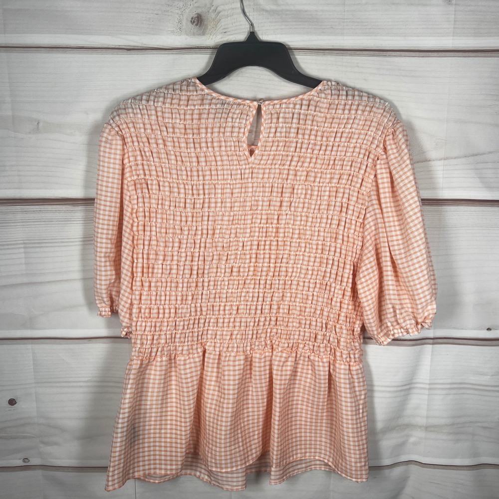 Zac & Rachel Blouse Womens 1X Orange Gingham Smocked Peplum Top Short Sleeve - Picture 8 of 9